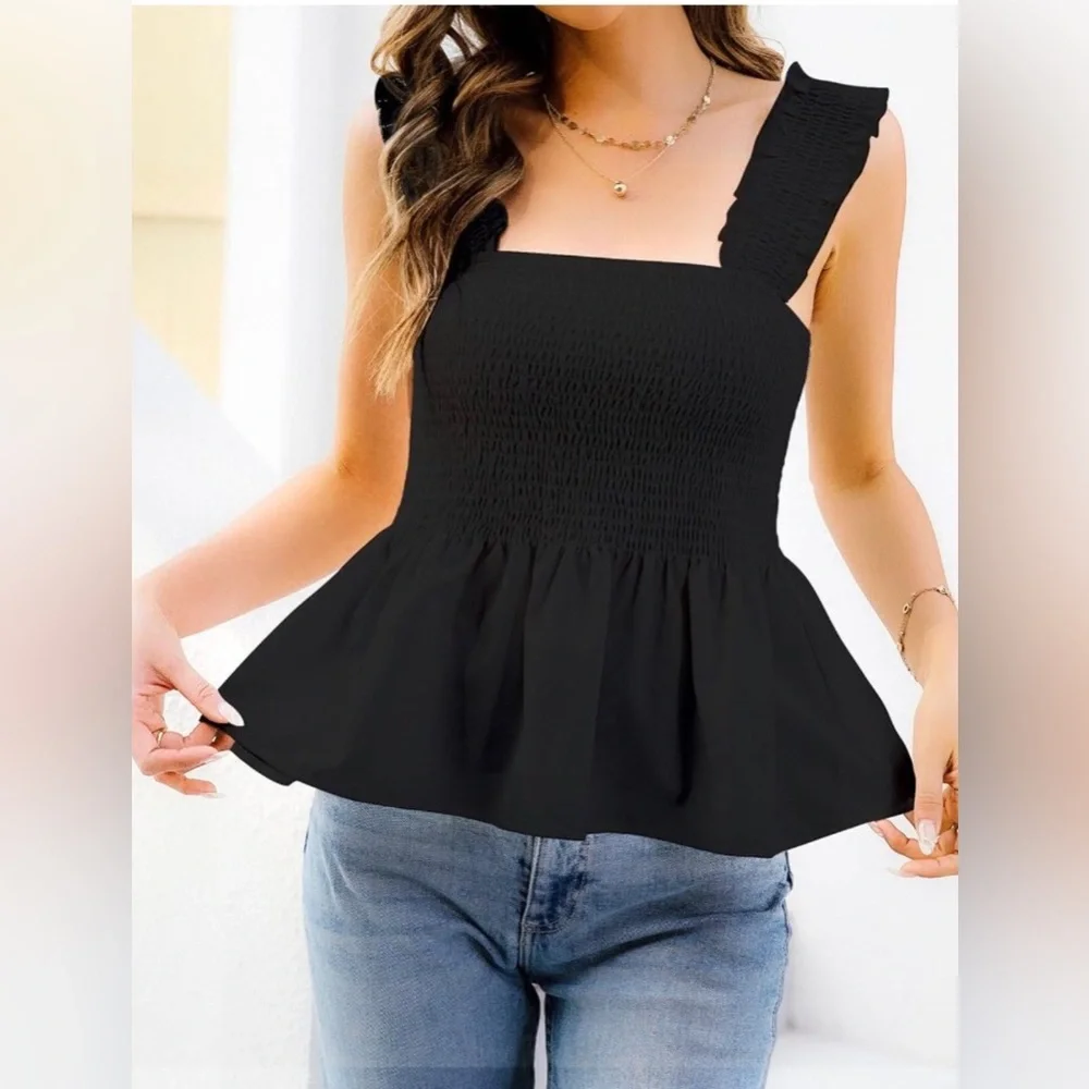Women's Square Neck Short/Sleeveless Sleeve Tops Casual Chiffon Blouses.